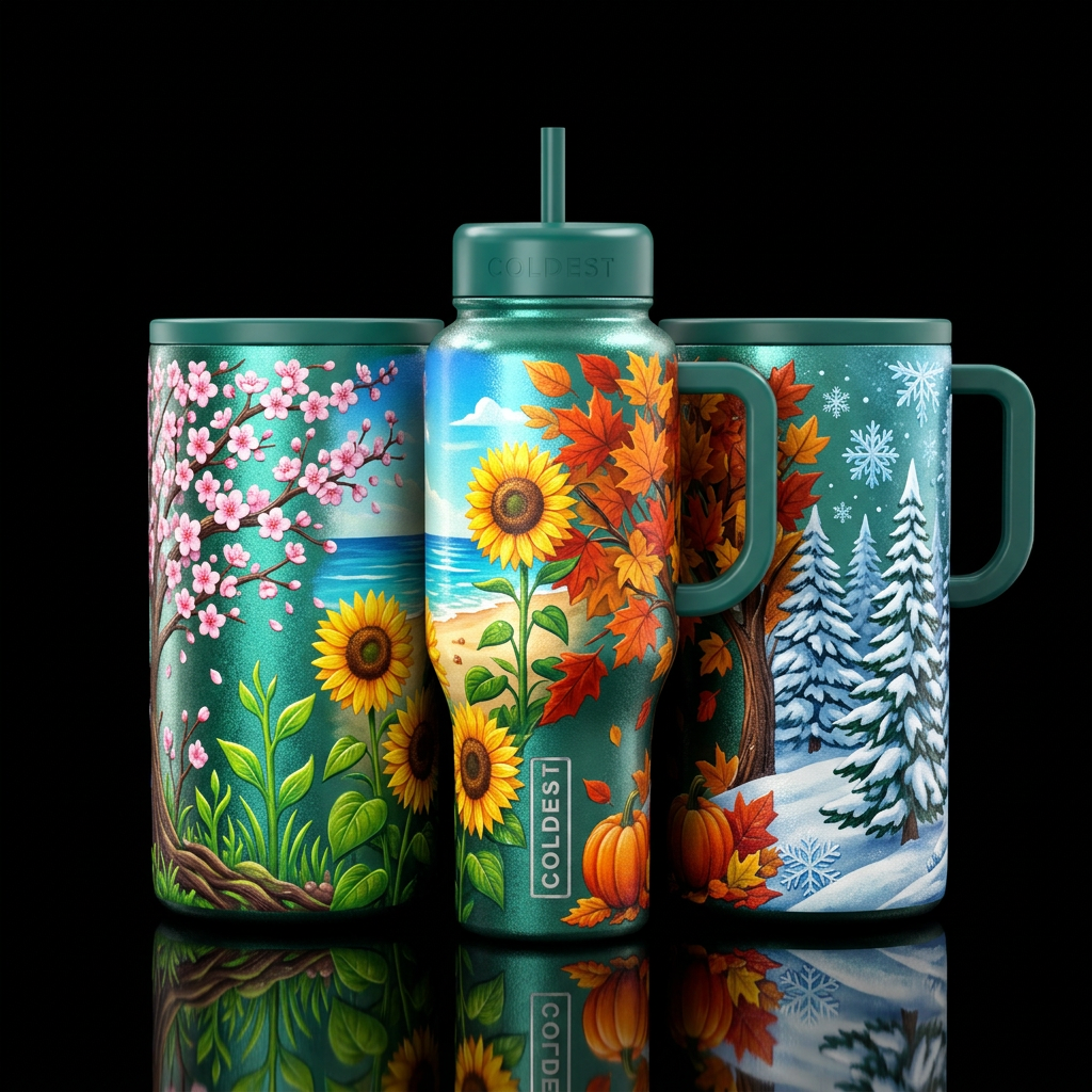 All 4 seasons,  shiny, textured water bottle design