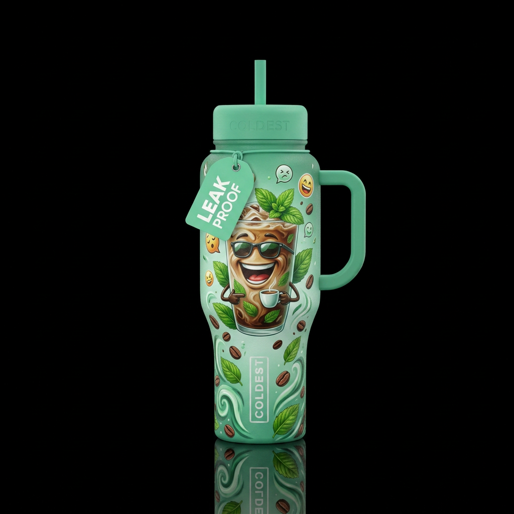 coffee, mint, funny, realism, happy mood water bottle design