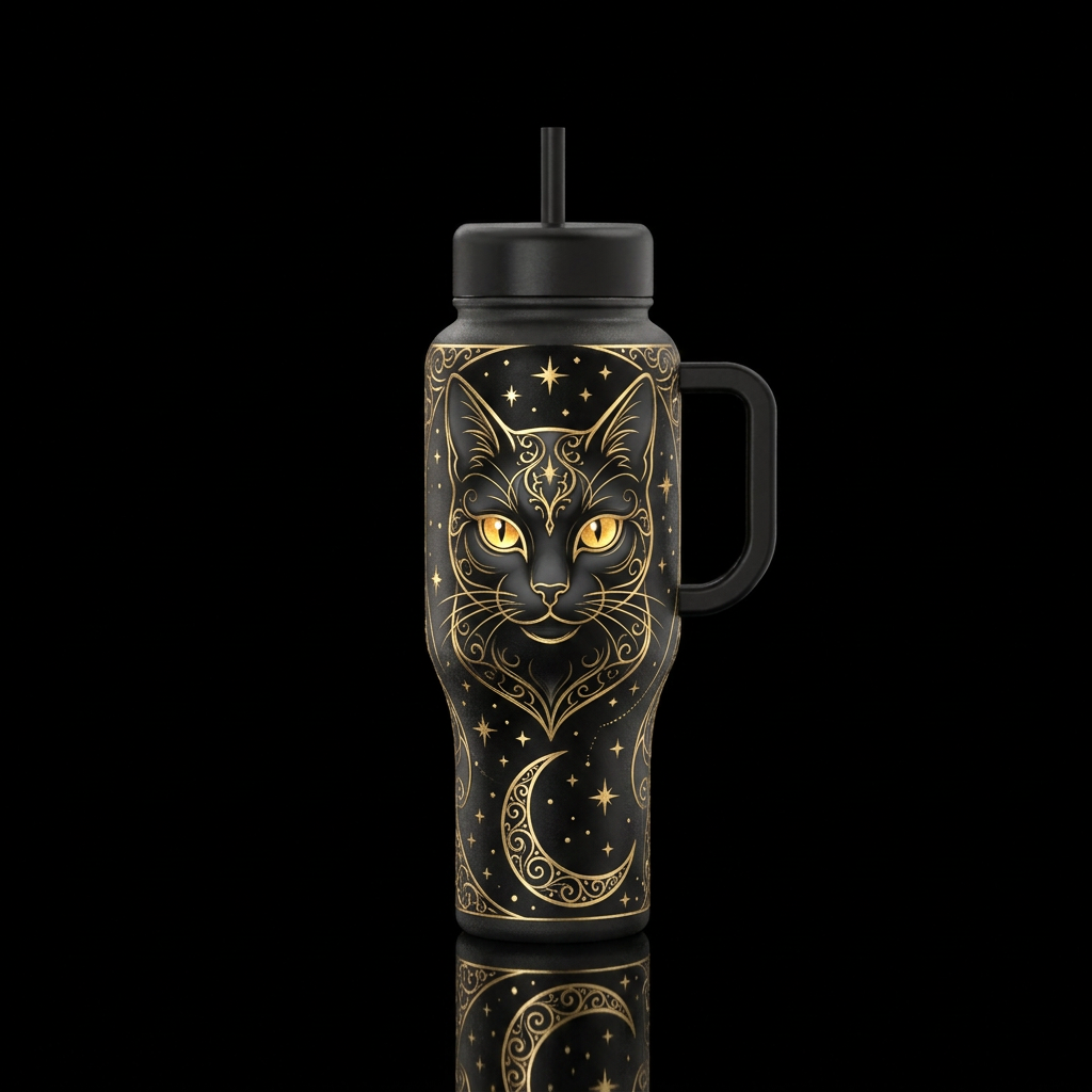 Black cat face,  w/ stars all in gold lining, a mo... water bottle design