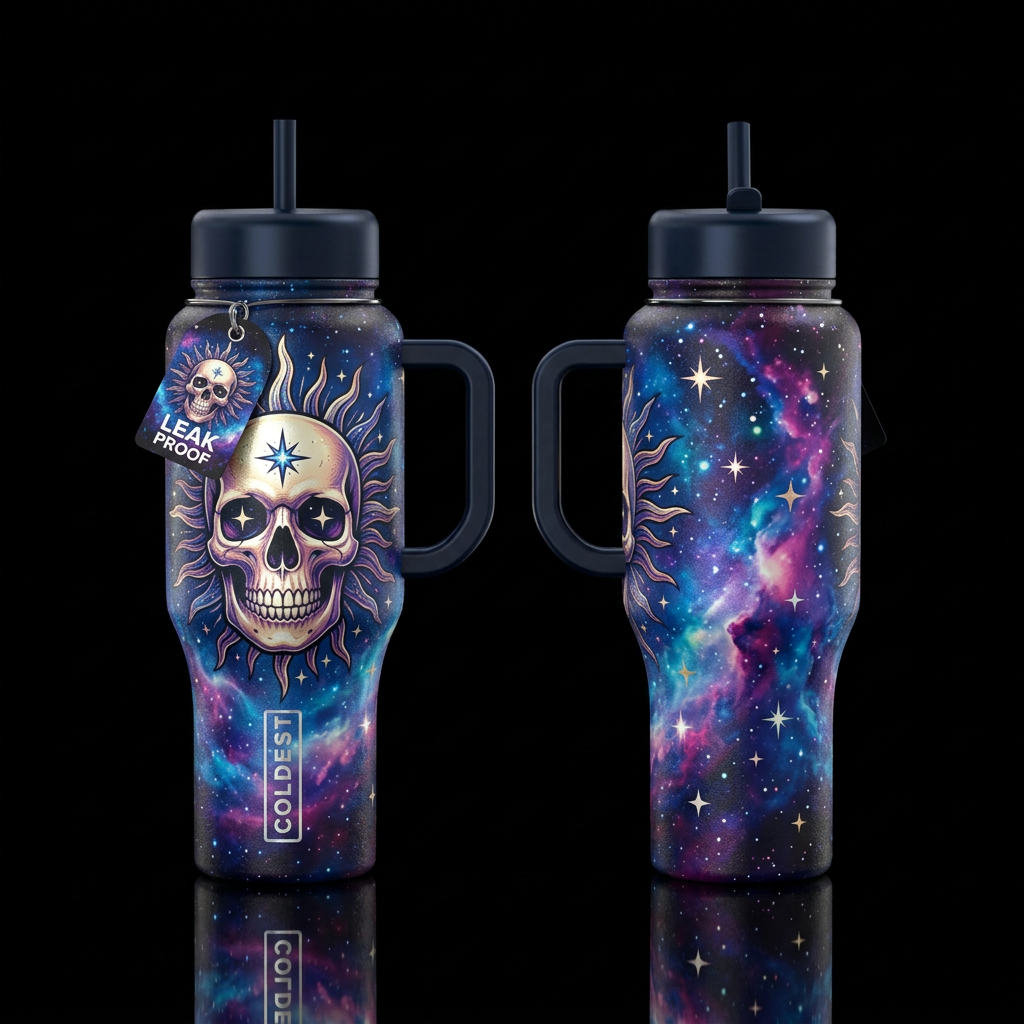 Sun skull, space, stars, shiny textured, show fron... water bottle design