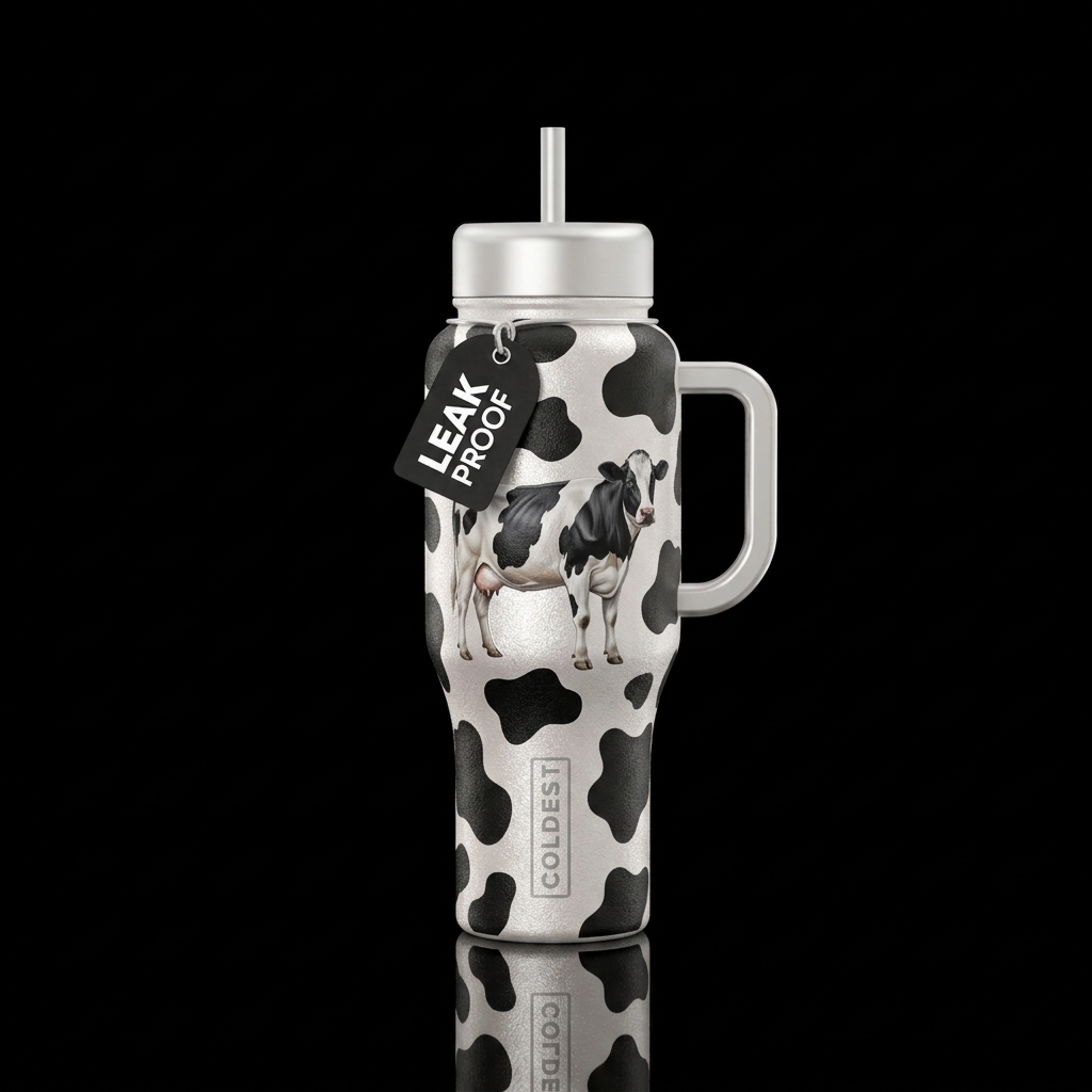 White shimmery cow print, a black & white milk cow... water bottle design