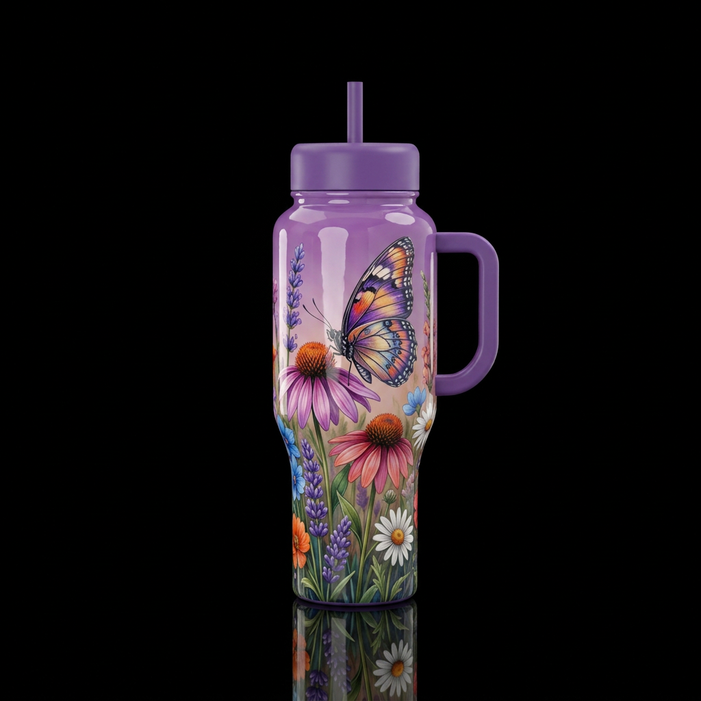 A butterfly, flowers, artistic, rustic, realism, s... water bottle design