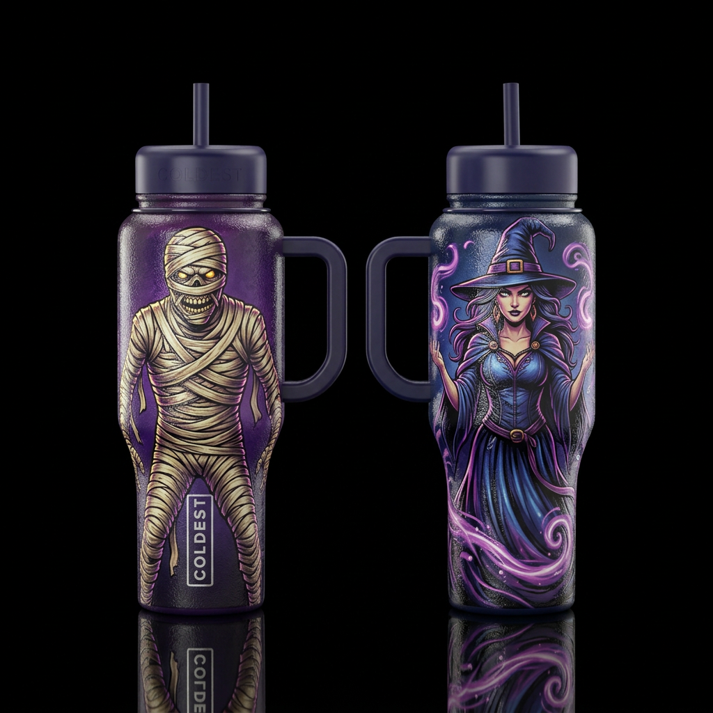 A mummy on 1 side a witch on the other size, shiny... water bottle design