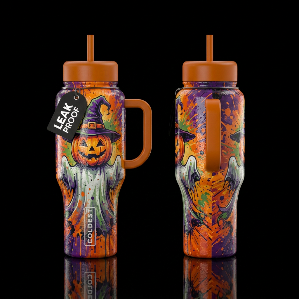 Paint splatter ghost, pumpkin,  withe hat, shiny, ... water bottle design