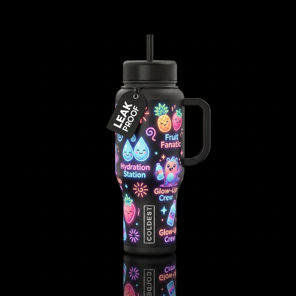 cheerful, glowie, beautiul, funny water bottle design