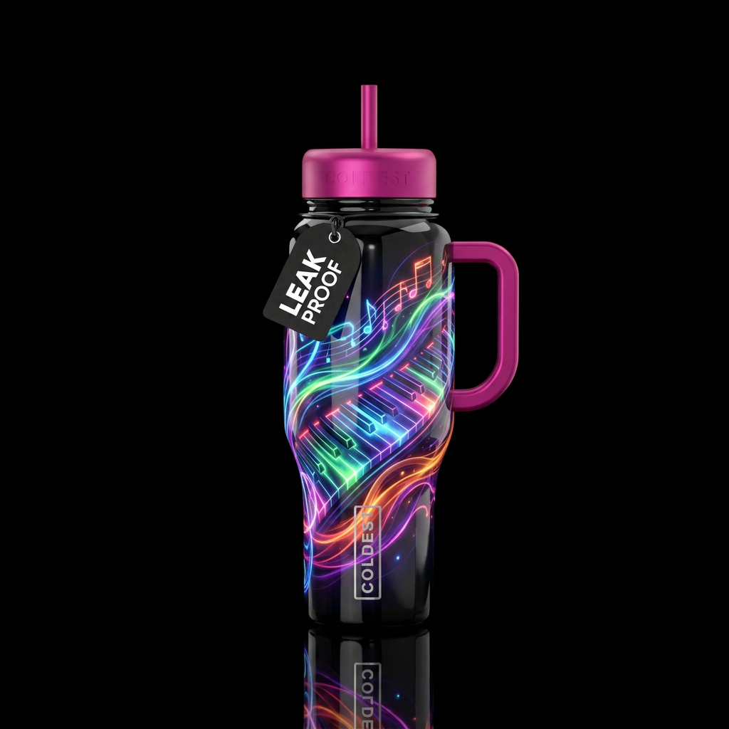 pristine, piano, glowie, magical, vibrant water bottle design