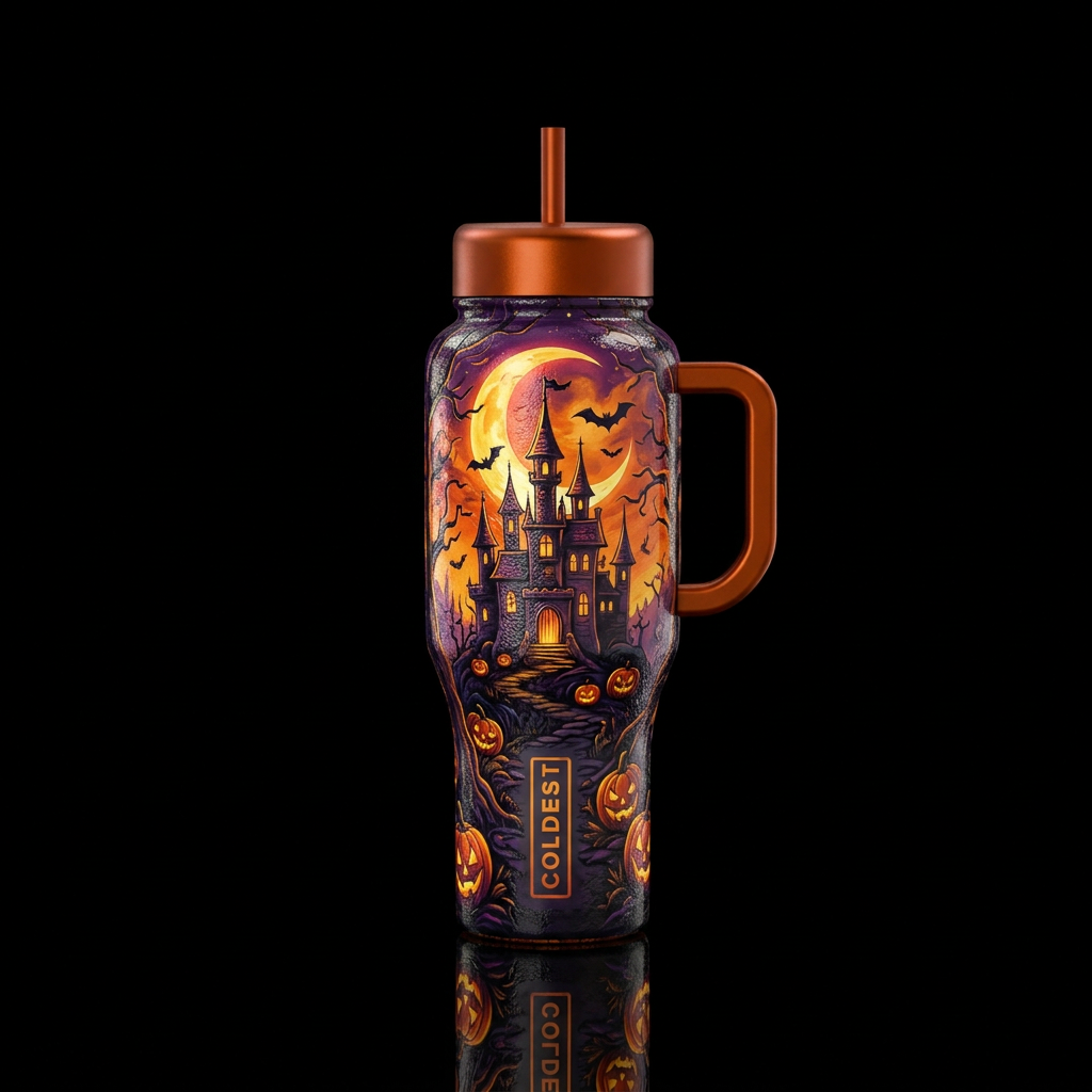 A castle, moon, Halloween,  shiny, textured water bottle design