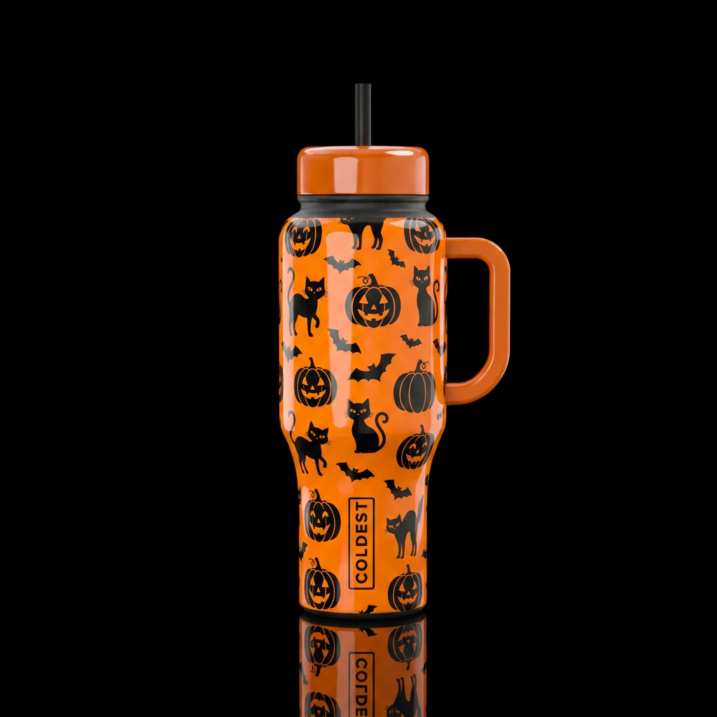 Orange, Black pumpkins,  black cat, black bats all... water bottle design
