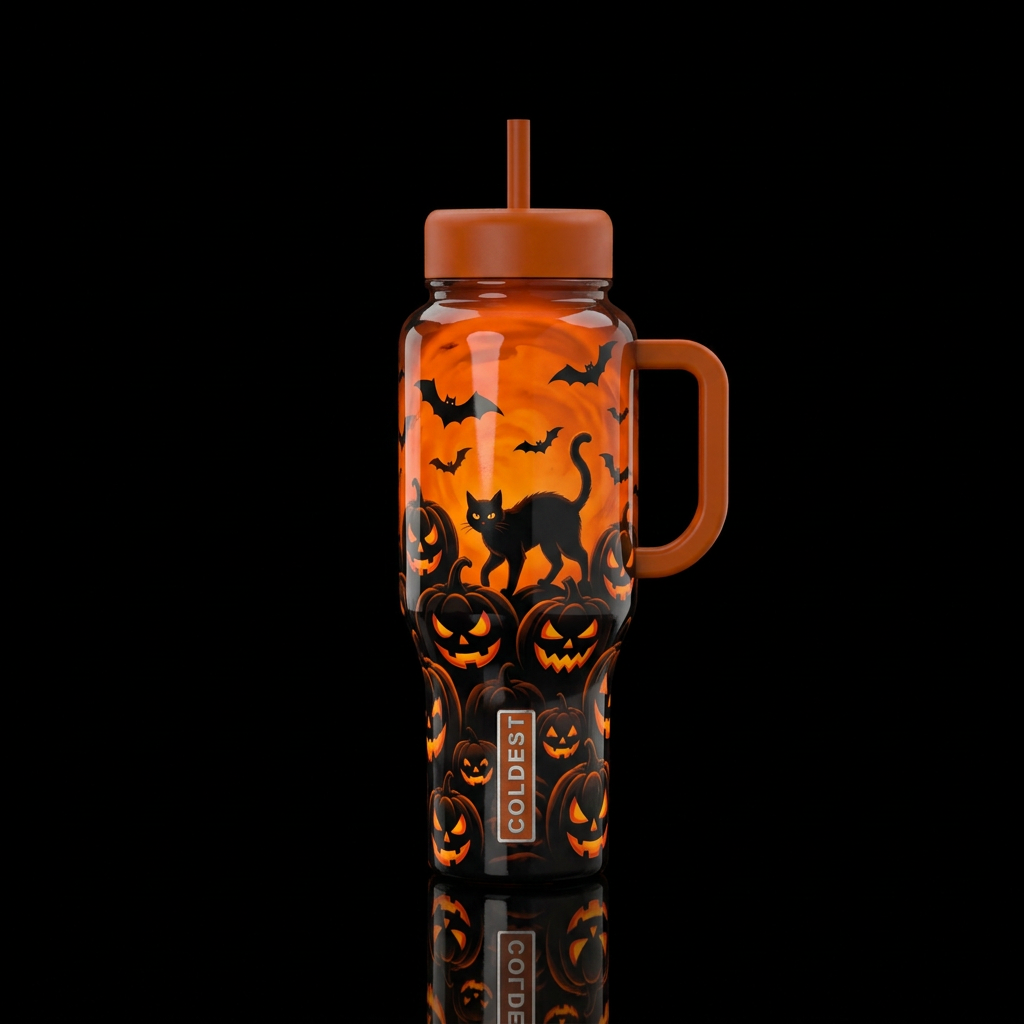Orange, Black pumpkins,  black cat, black bats all... water bottle design