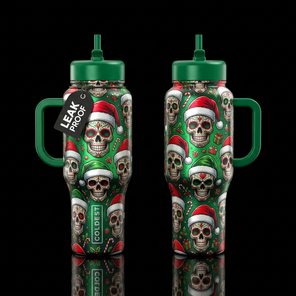 Different skills, santa hats green & red, shiny, t... water bottle design