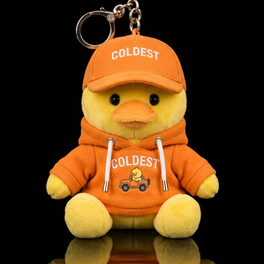 A realistic yellow duck driving a jeep, orange col... water bottle design