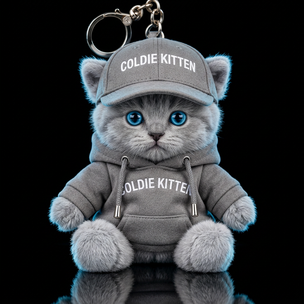 A fluffy kitten, blue eyes, realistic,  coldie kit... water bottle design