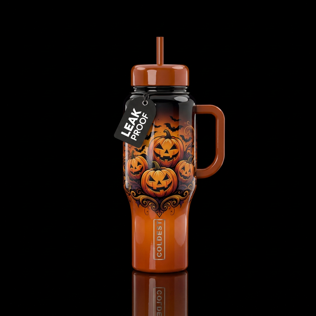 Halloween pumpkins, orange & black bottle, bats,  ... water bottle design