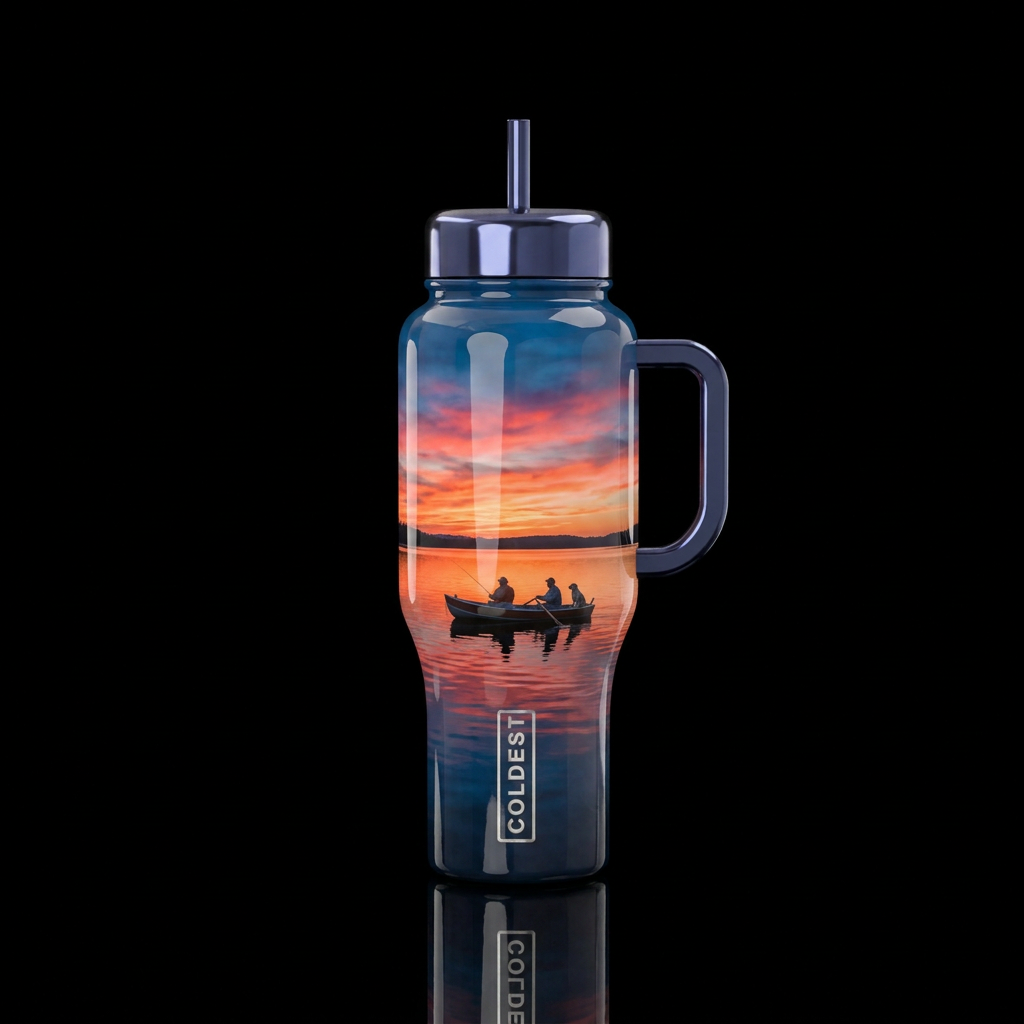 Sunset over a lake, boat, 2 people a dog, fishing,... water bottle design
