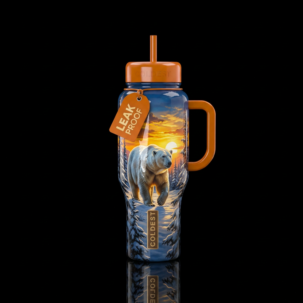 Polar bear in a pine tree, sunset, shiny water bottle design