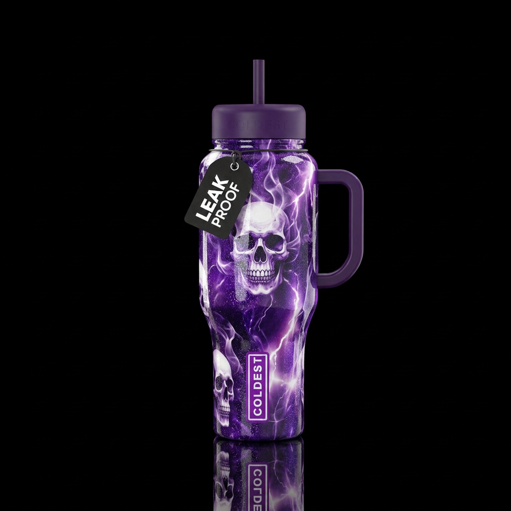 Purple, white skulls, abstract smoke& lighting str... water bottle design