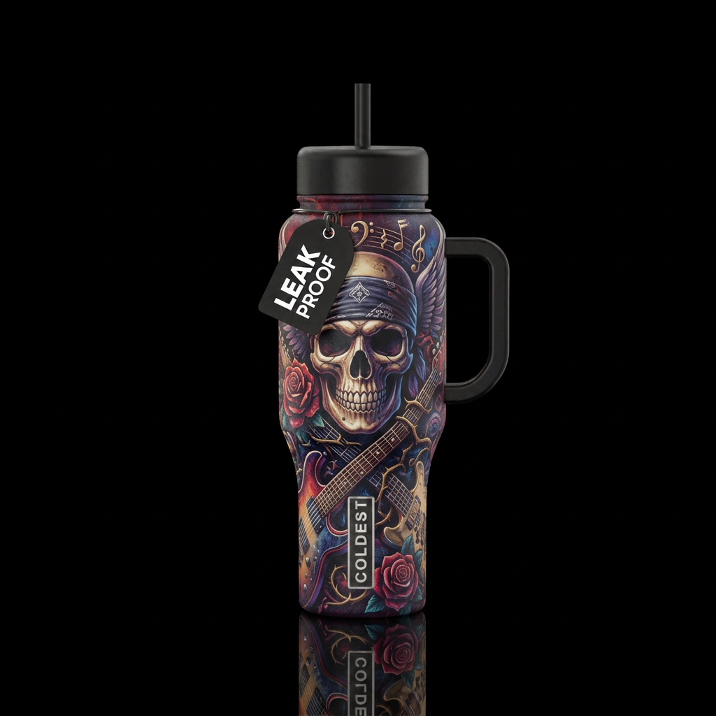 rock and roll, mysterious, vibrant, realism water bottle design