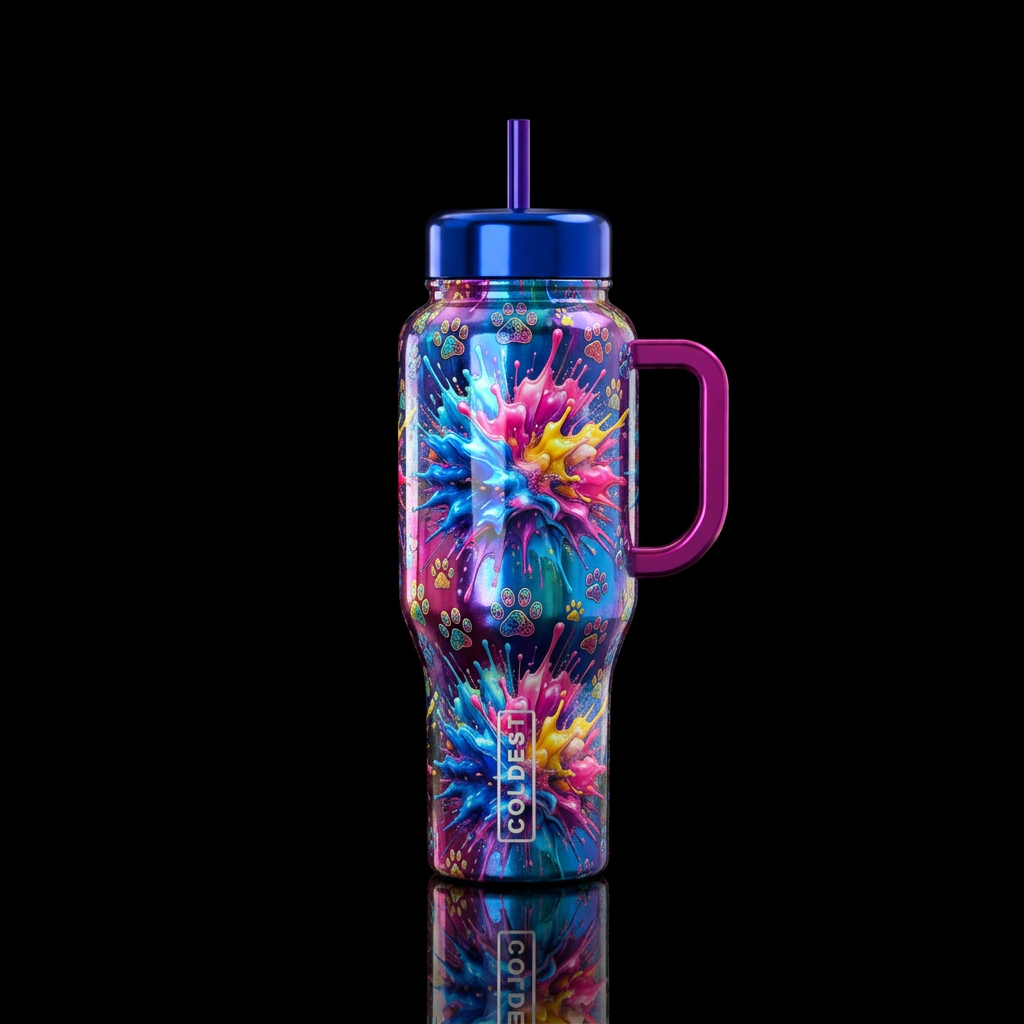 Paint bombs, paw Prints, shiny water bottle design