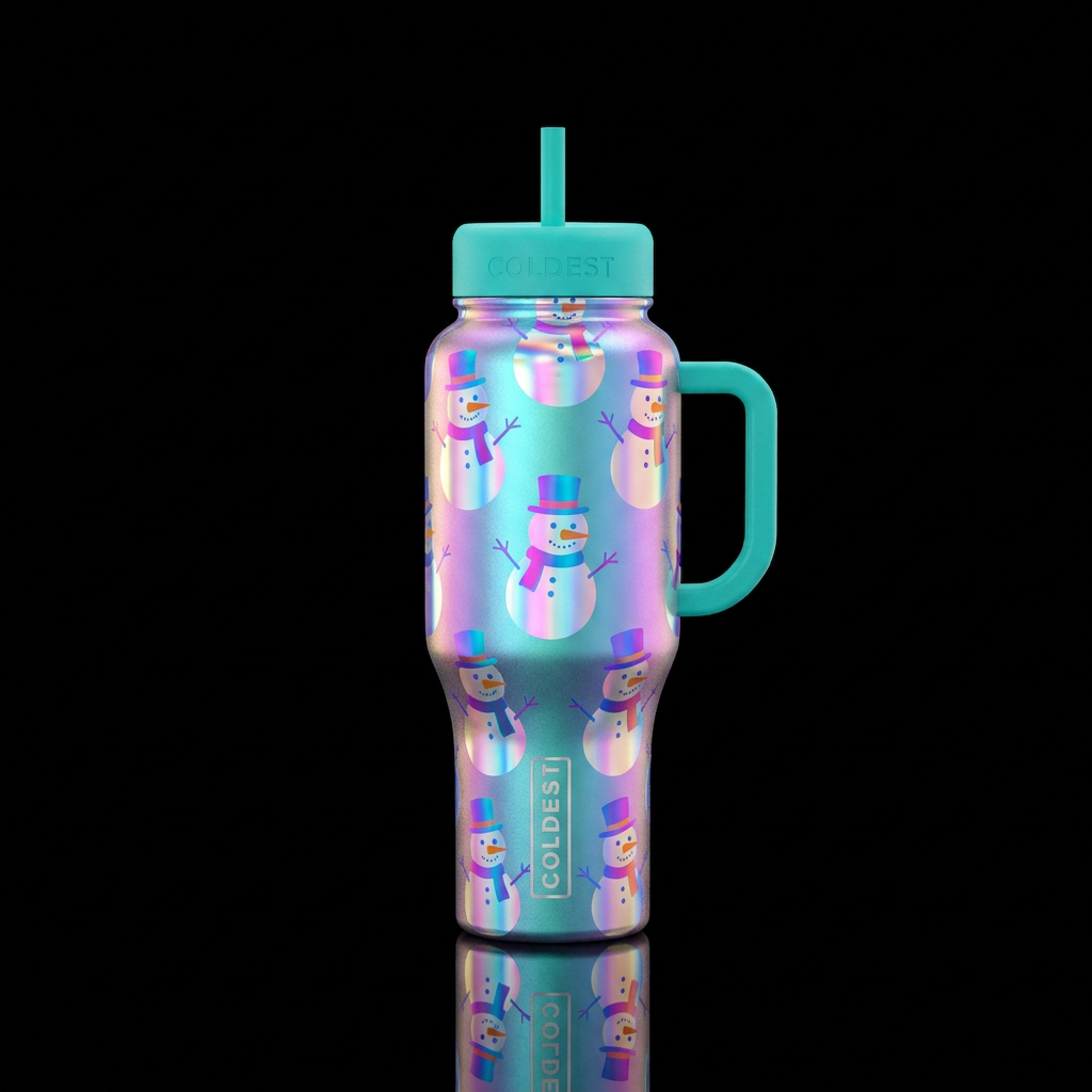 Holographic medium snowmans, water bottle design