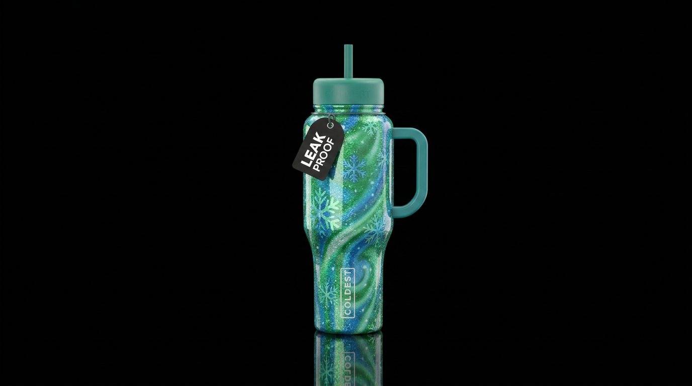 Shiny, sparkly Green & blue swirls w/ med snowflak... water bottle design