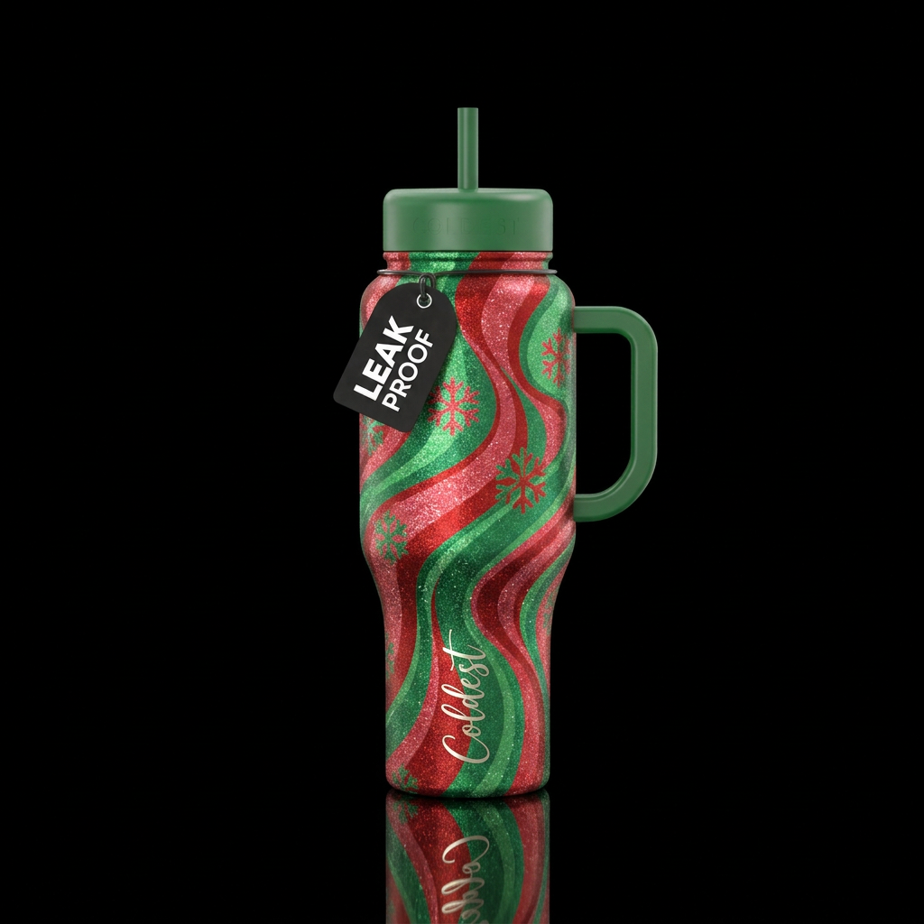 Shiny, sparkly red & green swirls,  medium snowfla... water bottle design