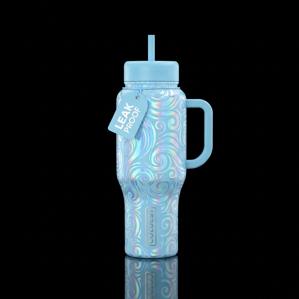 Light blue, Holographic swirls & curls water bottle design