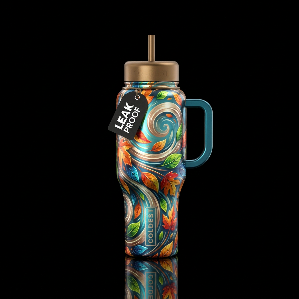 Wind swirls blowing leaves around, shiny water bottle design