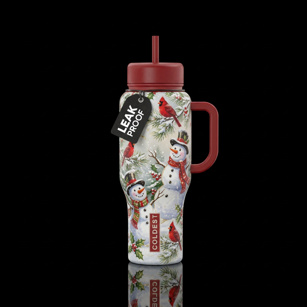 Christmas vibe, snowman, cardinal water bottle design
