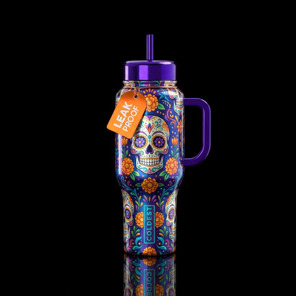 day of the dead, glowie, shiny water bottle design