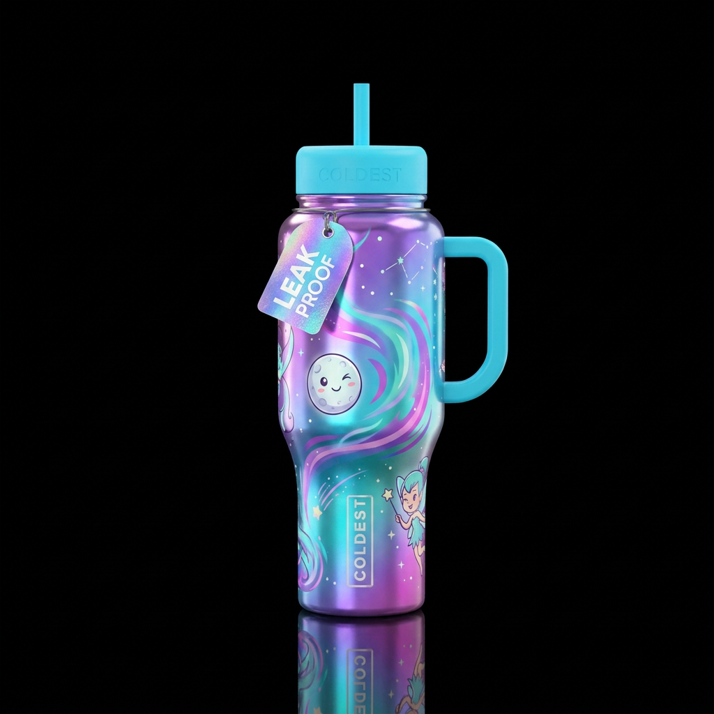 funny, shiny, vibrant, magical water bottle design
