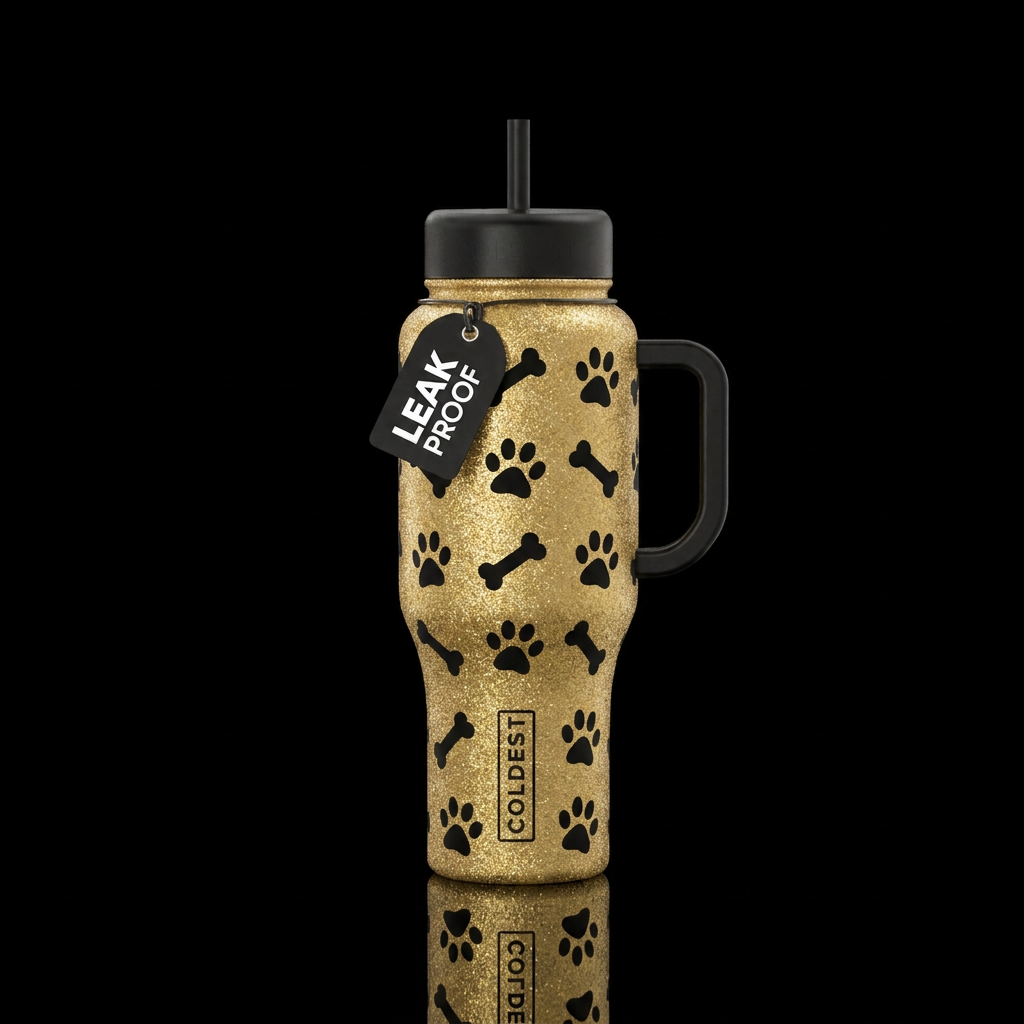 Gold glittery bottleb w/ black paw Prints & dog bo... water bottle design