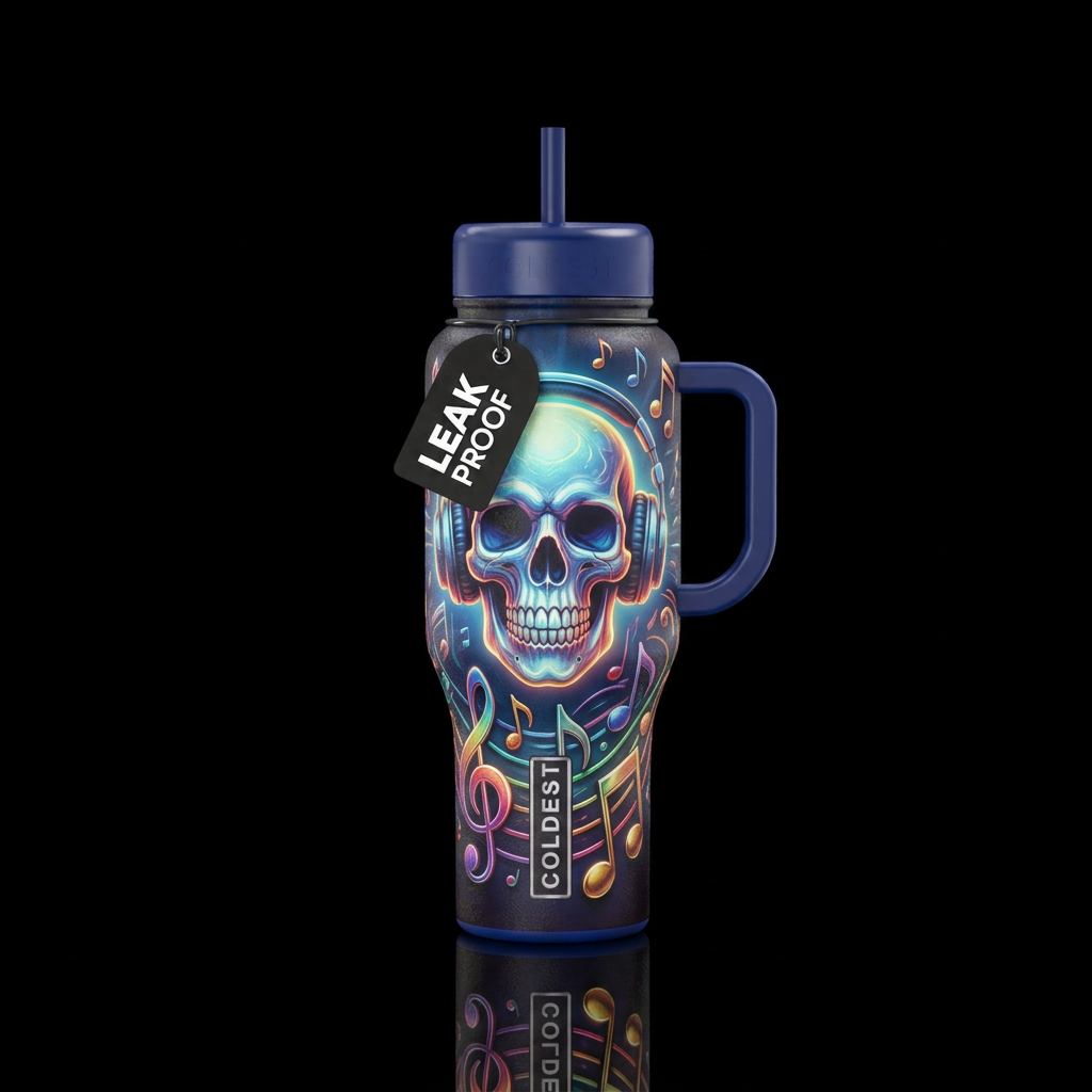 A Glowie Skull w/ headphones & Music notes, shiny,... water bottle design