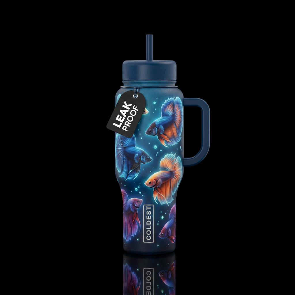 betta fish, gentle, glowie, vibrant, realism water bottle design