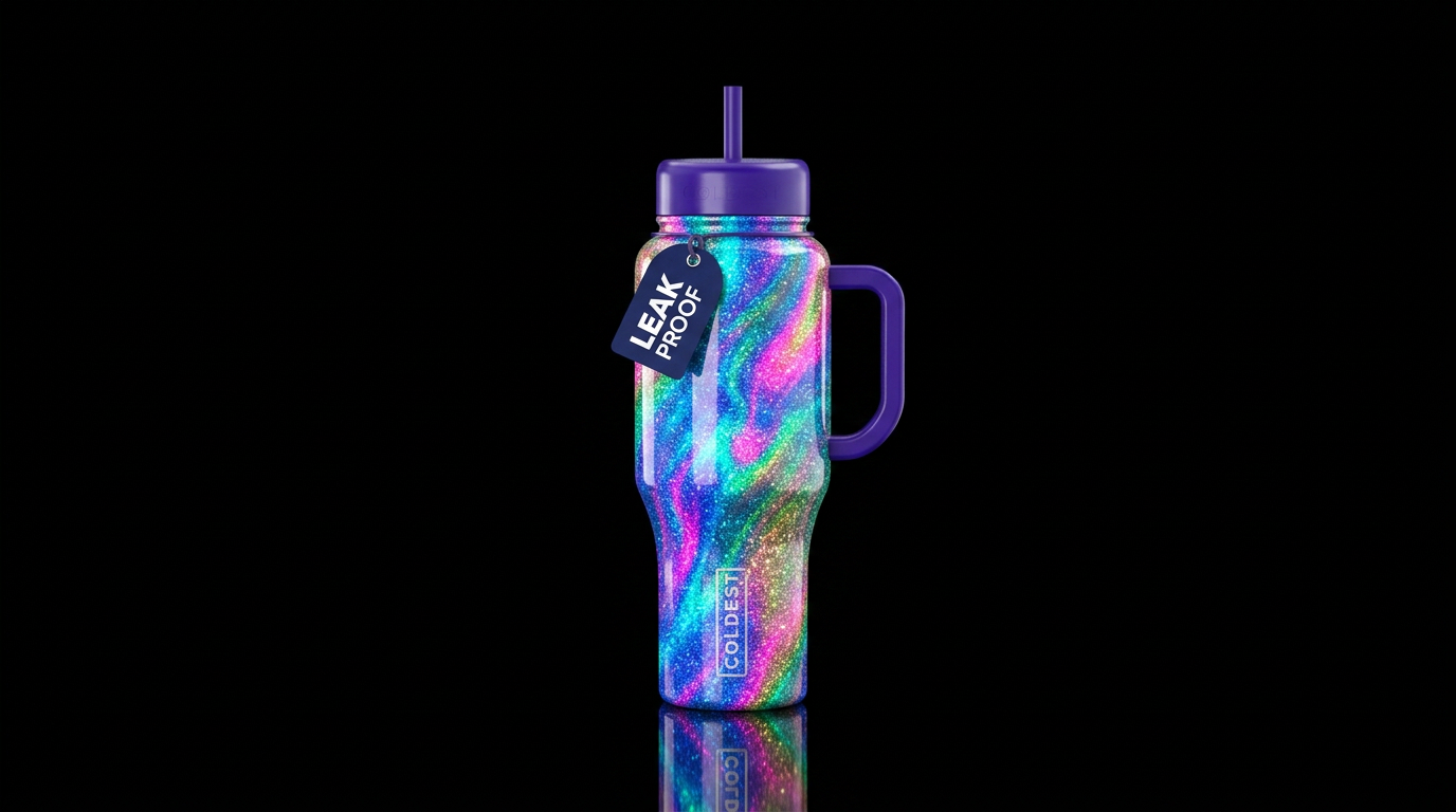 flexible, shiny, vibrant, sparkly, magical water bottle design