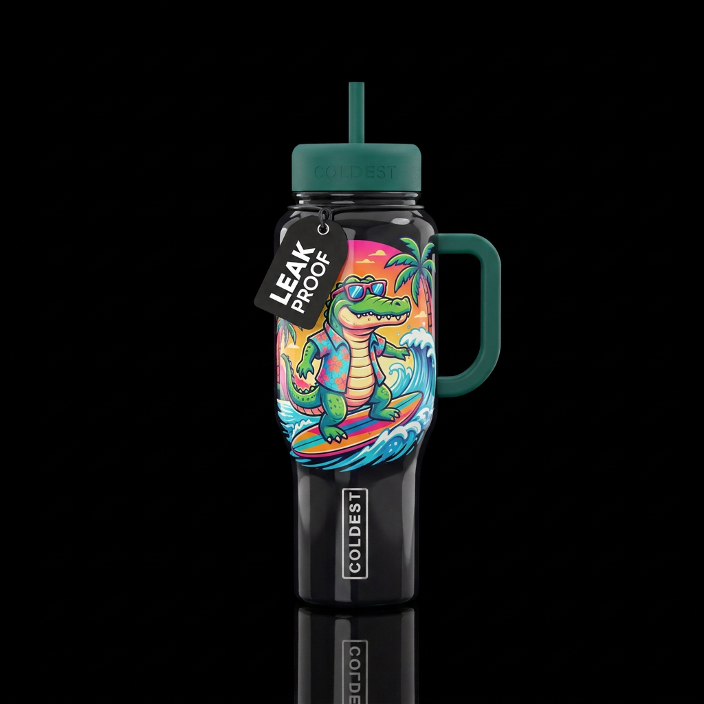 funny,, surfing, alligator water bottle design