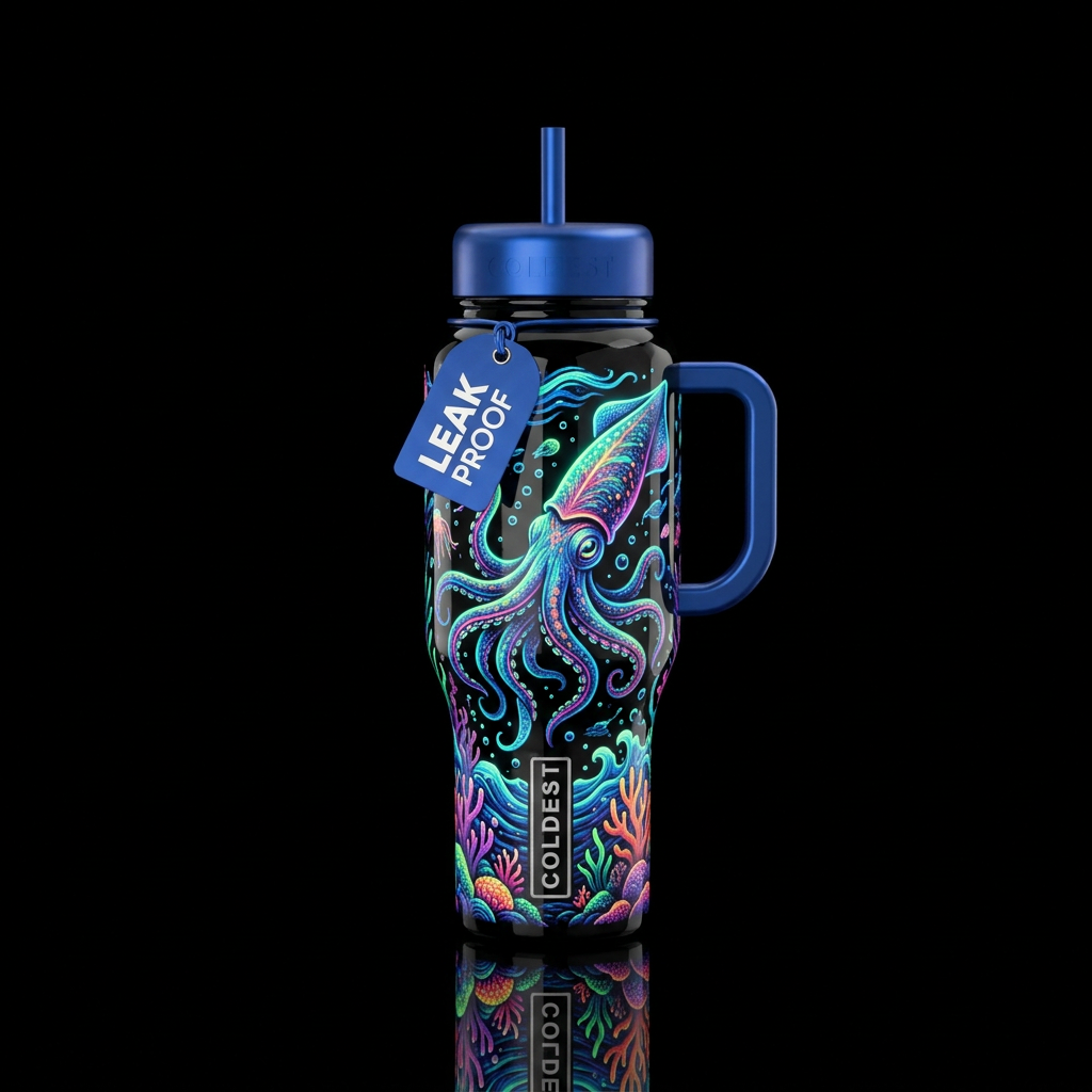 glowie, summer vibes squid, shiny, textured water bottle design
