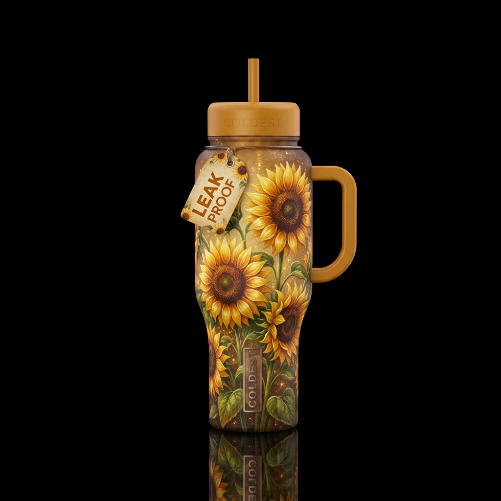 vibrant, sunflower, shiny, magical, realism, rusti... water bottle design