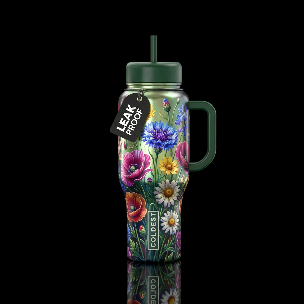 wildflowers, shiny, vibrant, magical, realism water bottle design