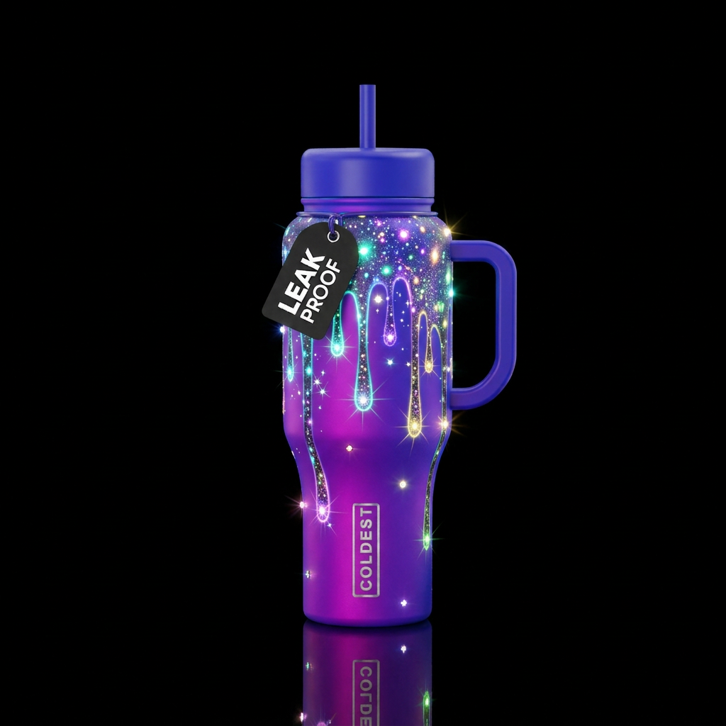 glowie, sparkly, magical, dripping, stylistic water bottle design