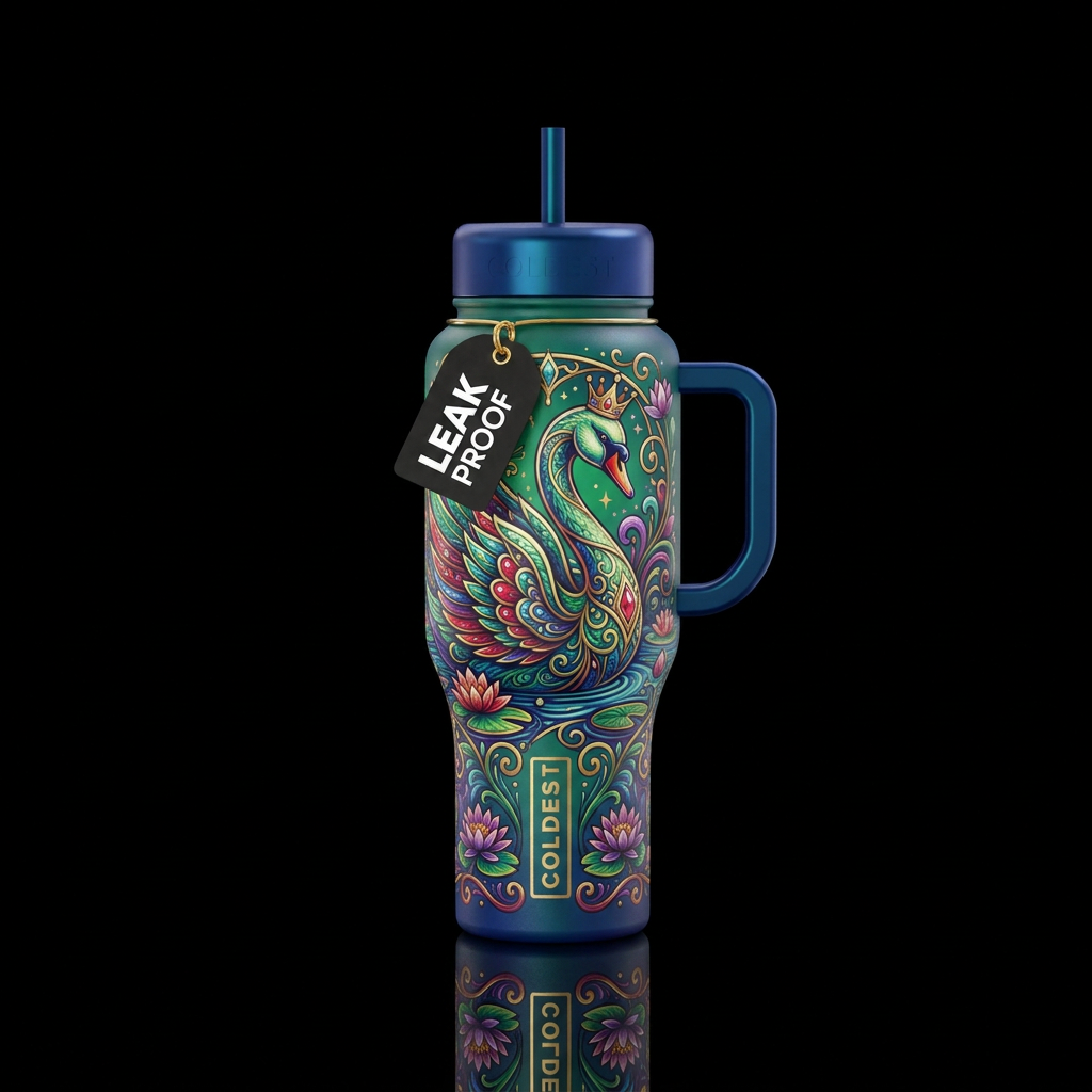 whimsical, stylistic, luxurious,, swan water bottle design