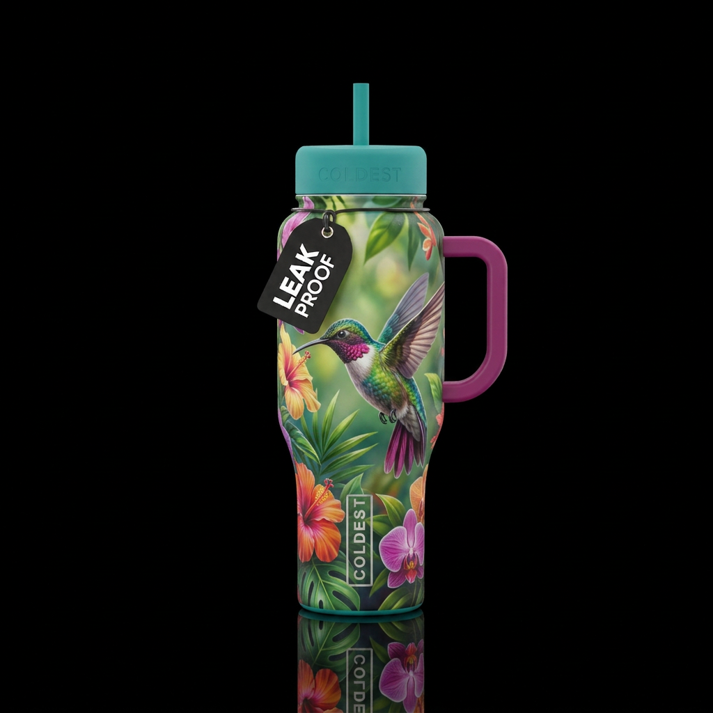 hummingbird, beautiul, realism, vibrant water bottle design