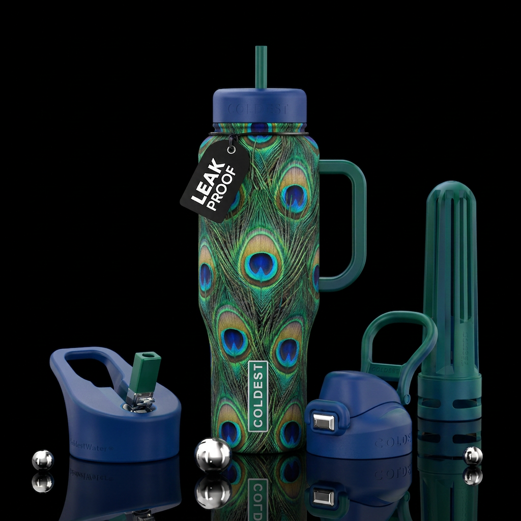 Jewel toned repeating realistic peacock feather th... water bottle design