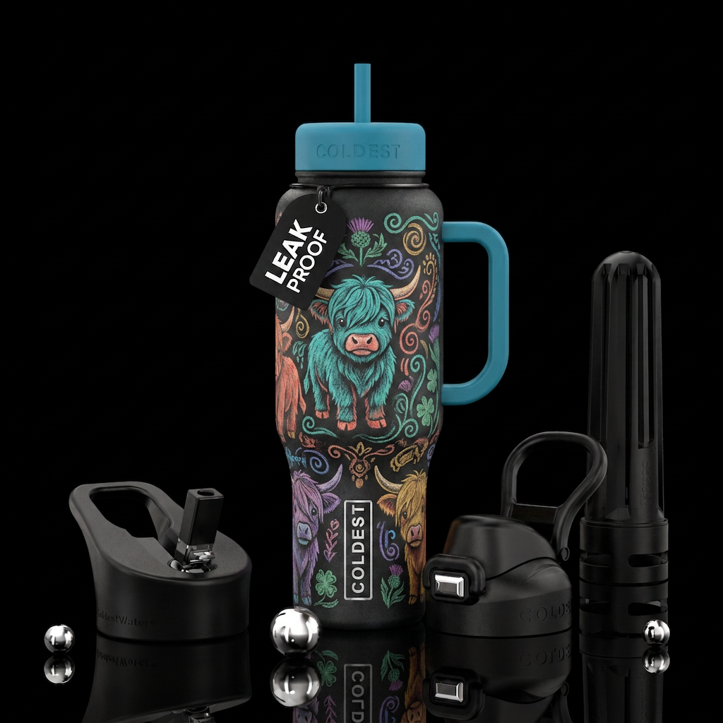 Chalk drawn baby highland cows water bottle design