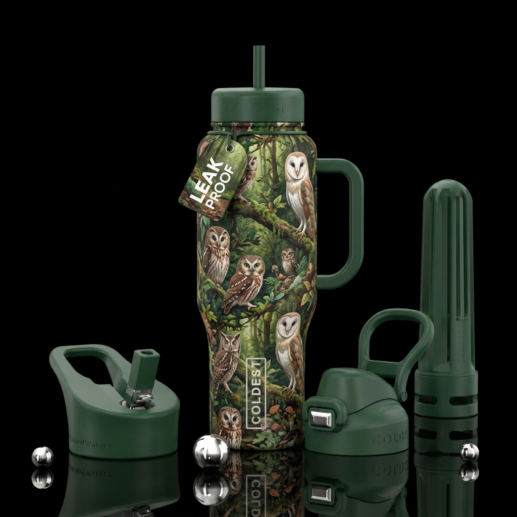 Owls in forest water bottle design