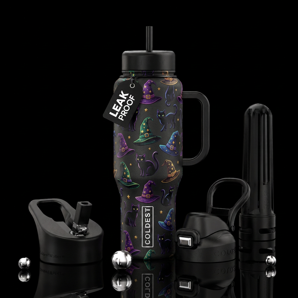 Wizard hat and black cats water bottle design