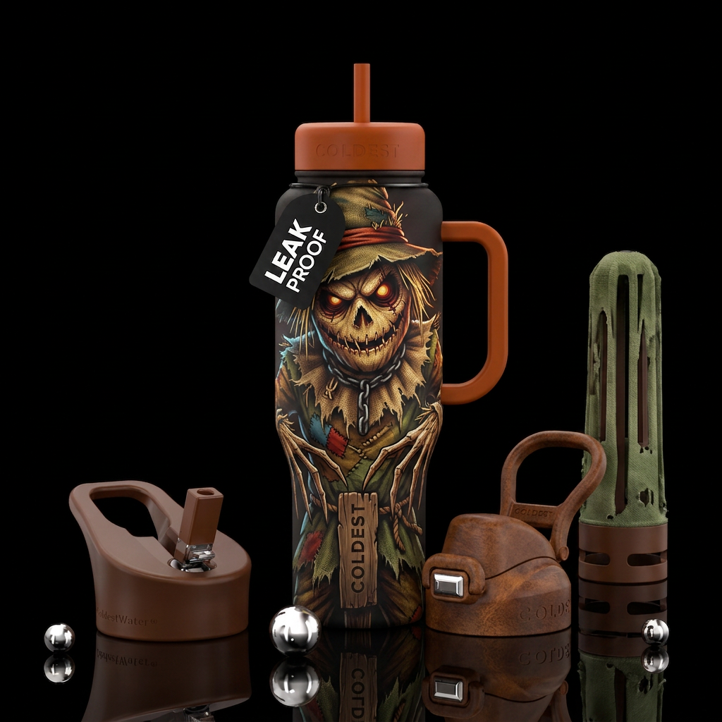 Scary scarecrow water bottle design