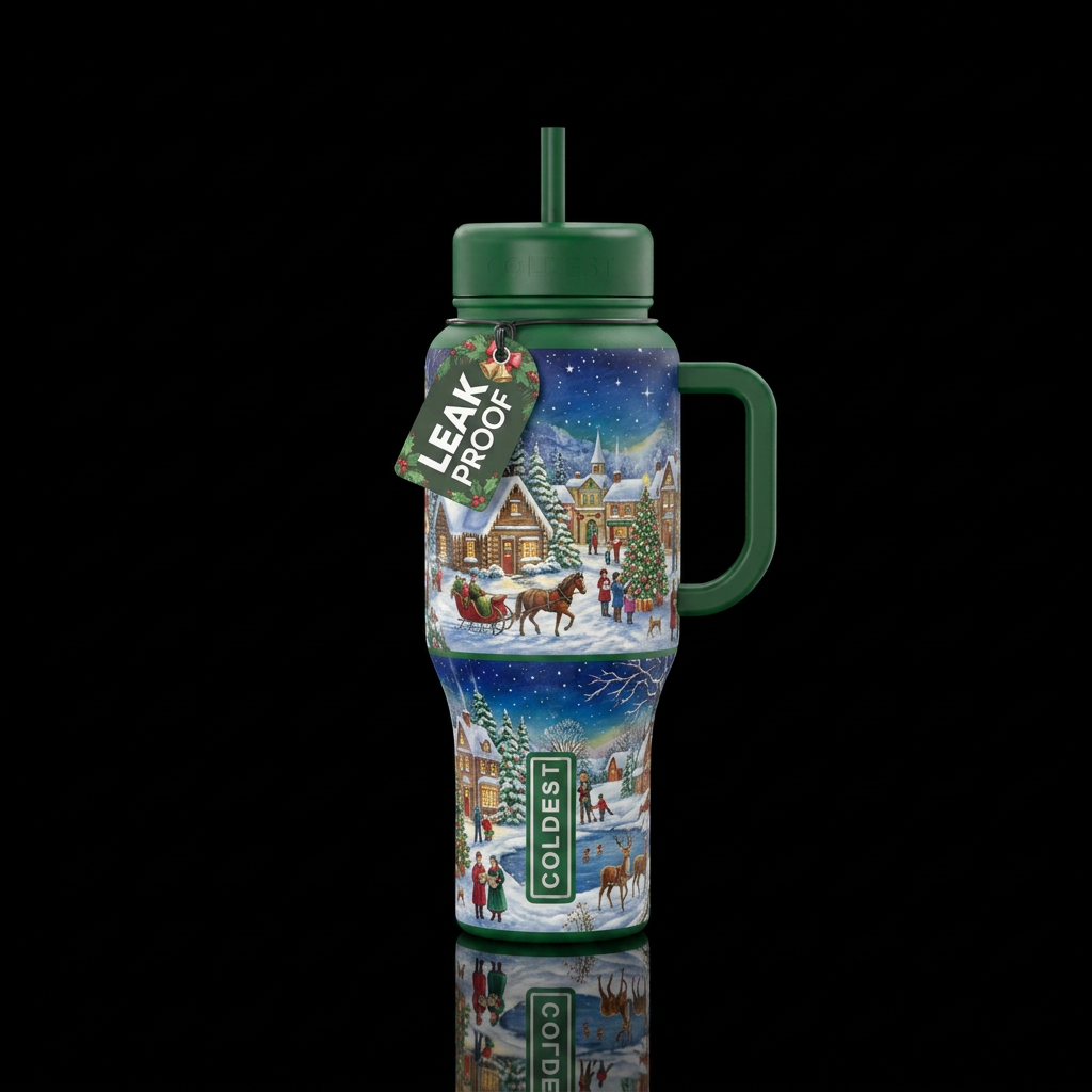 Traditional Christmas winter scene water bottle design