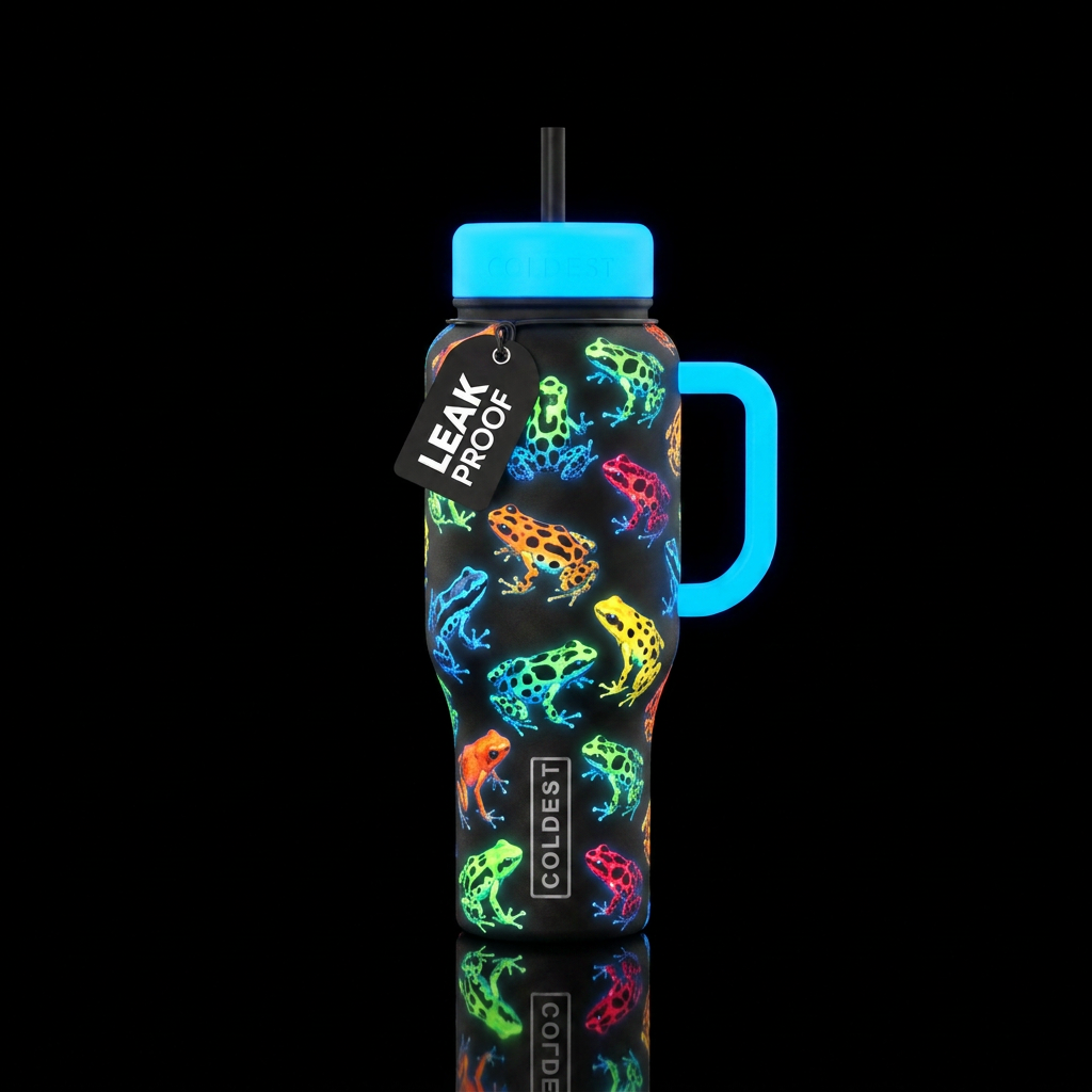 Glowie dart frogs water bottle design