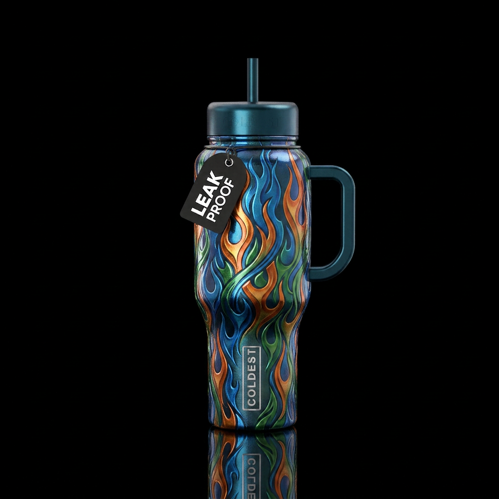 Metallic blue orange and green flames water bottle design