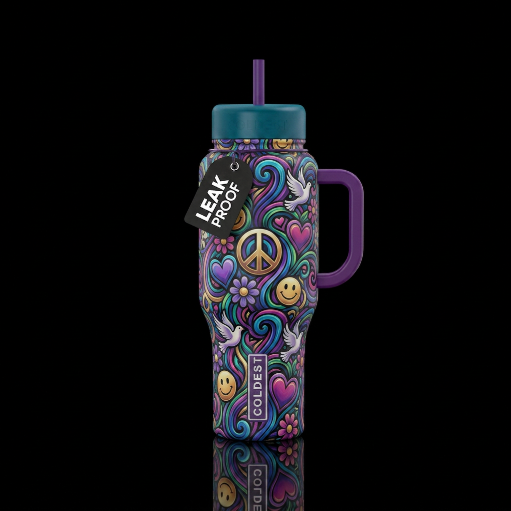 Abstract peace love and happiness water bottle design